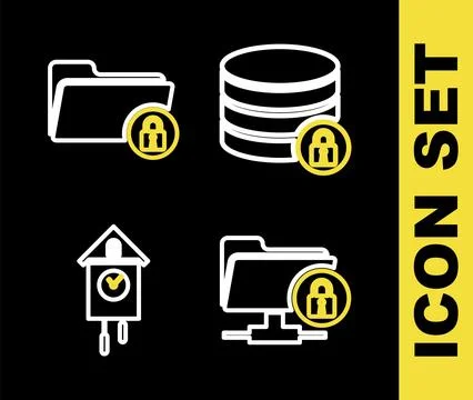 Set line Server security with lock, FTP folder and, Retro wall watch and Fo.. Illustrazione stock