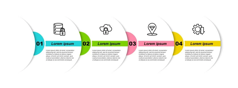 Set line Server security with lock, Cloud computing, Location sales funnel an Illustrazione stock