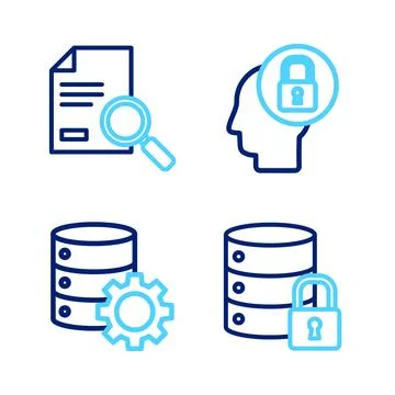 Set line Server security with lock, and gear, Human head and Document searc.. Stock Illustration