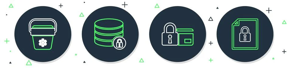 Set line Server security with lock, Credit card, Cooler bag and Document an.. Illustrazione stock