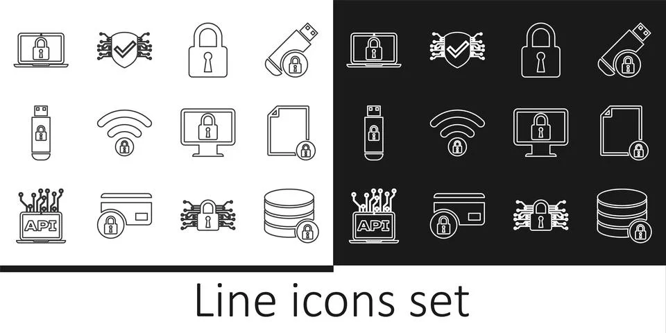 Set line Server security with lock, Document and, Lock, Wifi locked, USB fl.. Illustrazione stock