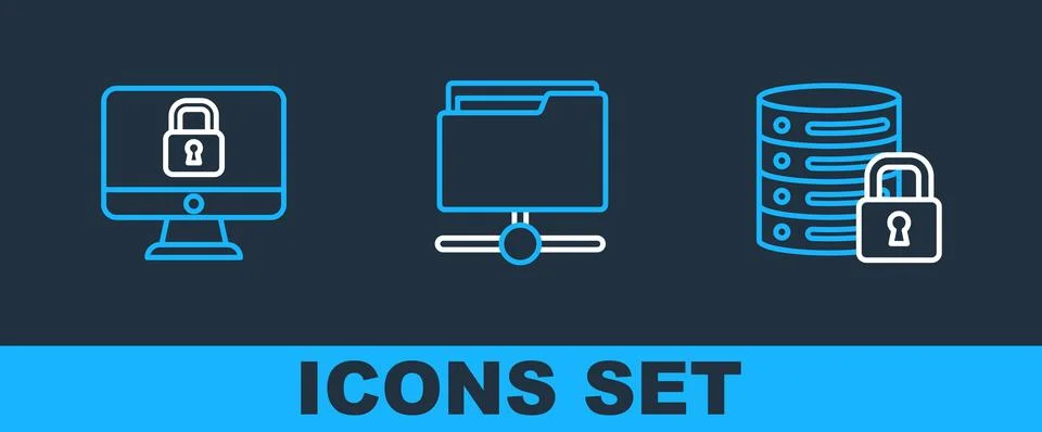 Set line Server security with lock, Lock on computer monitor and FTP folder.. 스톡 일러스트
