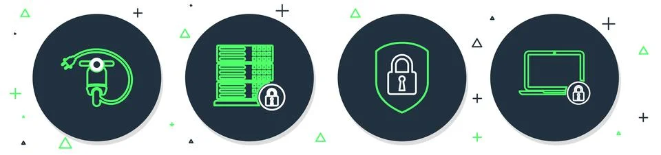 Set line Server security with lock, Shield, Electric scooter and Laptop and.. Stock Illustration