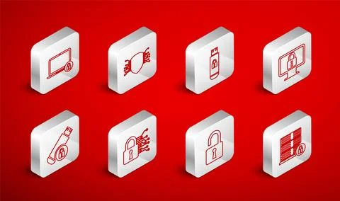 Set line Server security with lock, Cyber, USB flash drive, Lock on monitor.. Stock Illustration