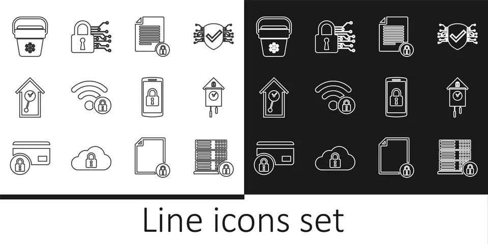 Set line Server security with lock, Retro wall watch, Document and, Wifi lo.. Illustrazione stock
