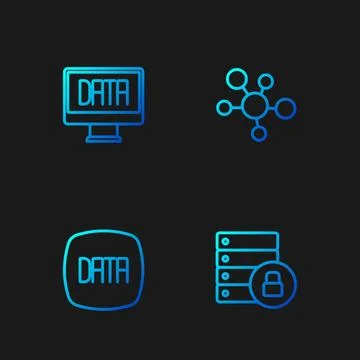 Set line Server security with padlock, Data analysis,  and Mind map infogra.. Stock Illustration