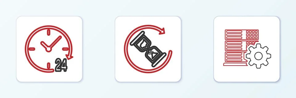 Set line Server setting, Clock 24 hours and Waiting icon. Vector Illustrazione stock