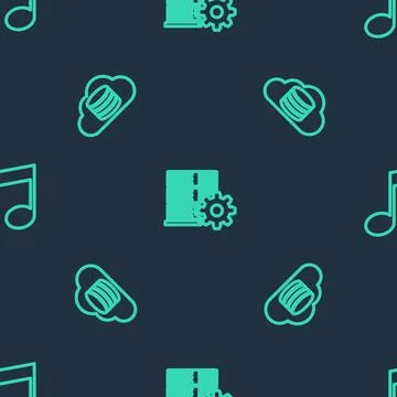 Set line Server setting, Cloud database and Music note, tone on seamless pattern Stock Illustration