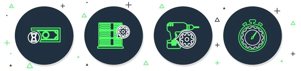 Set line Server setting, Drill machine, Fast payments and Time management i.. Illustrazione stock