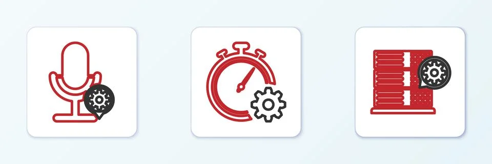 Set line Server setting, Microphone and Time management icon. Vector Stock Illustration