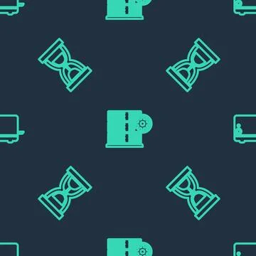 Set line Server setting, Old hourglass with sand and Toaster on seamless pattern Stock Illustration