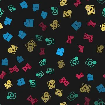 Set line Server setting, Photo camera, Washer and Hourglass on seamless pattern Stock Illustration