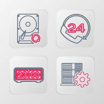 Set line Server setting, Retro flip clock, Telephone 24 hours support and Hard Stock Illustration