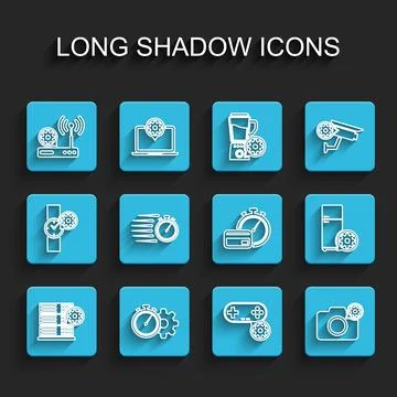 Set line Server setting, Time management, Router and wi-fi, Gamepad, Photo .. Stock Illustration