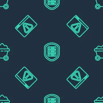 Set line Server with shield, Browser exclamation mark and Coal mine trolley o Ilustração Stock