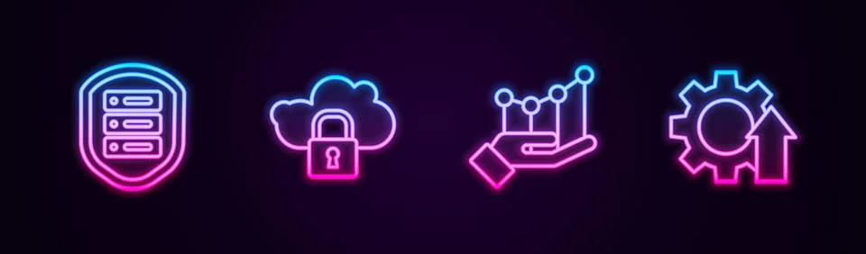 Set line Server with shield, Cloud computing lock, Pie chart infographic and Illustrazione stock