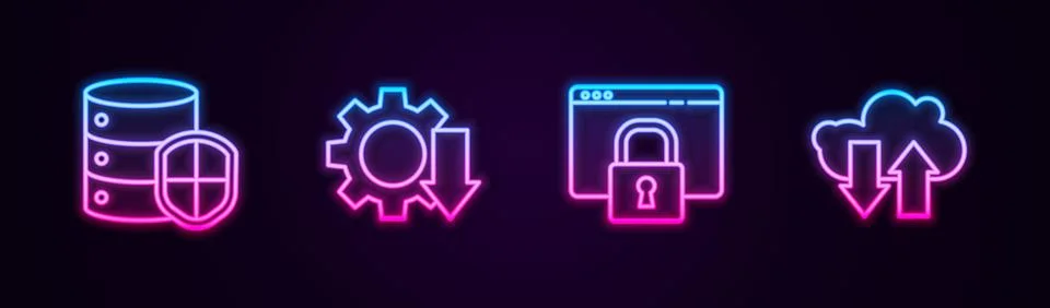 Set line Server with shield, Cost reduction, Secure your site HTTPS, SSL and  Stock Illustration