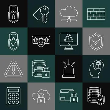 Set line Server with shield, Human head lock, Shield check mark, Network cloud Stock Illustration