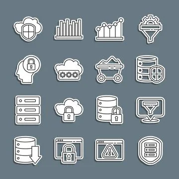 Set line Server with shield, Location sales funnel, Pie chart infographic Stockillustratie