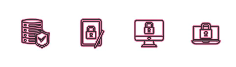 Set line Server with shield, Lock on computer monitor, Tablet closed padlock and Stock-Illustration