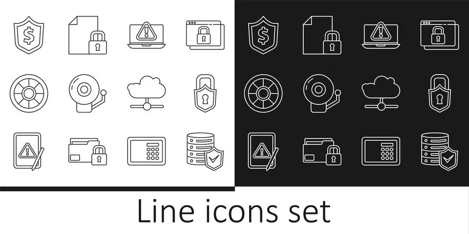 Set line Server with shield, Lock, Laptop exclamation mark, Ringing alarm b.. Stock Illustration