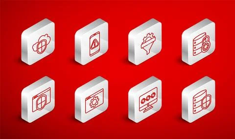 Set line Server with shield, Mobile exclamation mark, Sales funnel gear, se.. Stock Illustration