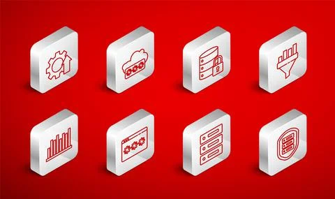 Set line Server with shield, Password protection, security lock, Sales funnel Stock Illustration
