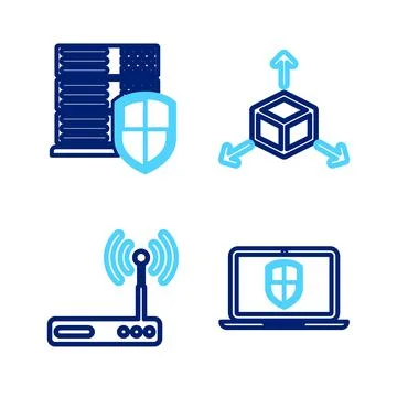 Set line Server with shield, Router and wi-fi, Isometric cube and Smartphone Stock Illustration