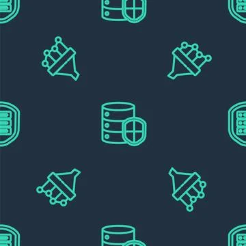 Set line Server with shield, Sales funnel chart and on seamless pattern. Vector Illustrazione stock