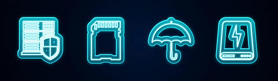 Set line Server with shield, SD card, Umbrella and Power bank. Glowing neon icon Illustration
