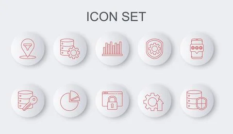Set line Server with shield, security key, Pie chart infographic, Arrow growth Ilustración de archivo