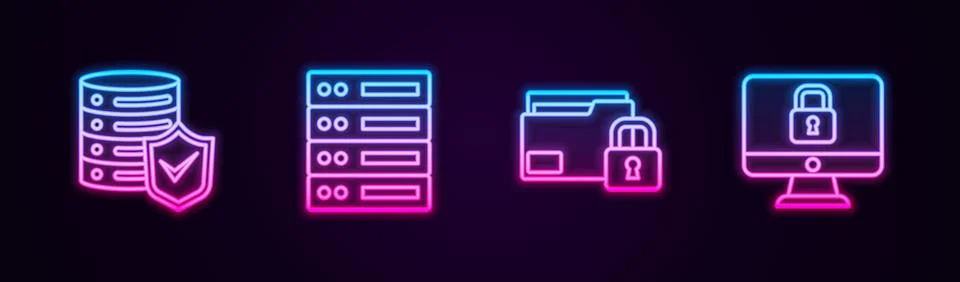 Set line Server with shield, Server, Data, Web Hosting, Folder and lock and.. Stock Illustration