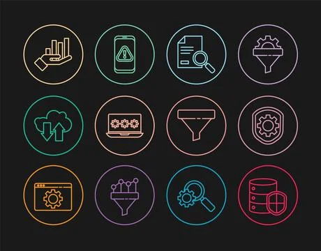 Set line Server with shield, Shield settings gear, Document search, Laptop .. Illustrazione stock