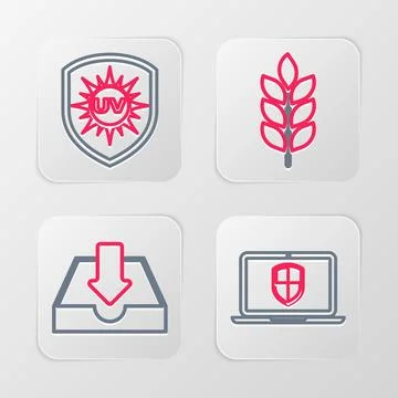 Set line Server with shield, Shit, Lightning bolt and UV protection icon. Vector Illustrazione stock