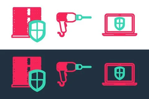 Set line Server with shield, Smartphone and Drill machine icon. Vector Illustrazione stock