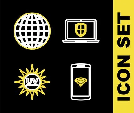 Set line Server with shield, speakers, Laptop and Earth globe icon. Vector Stock Illustration