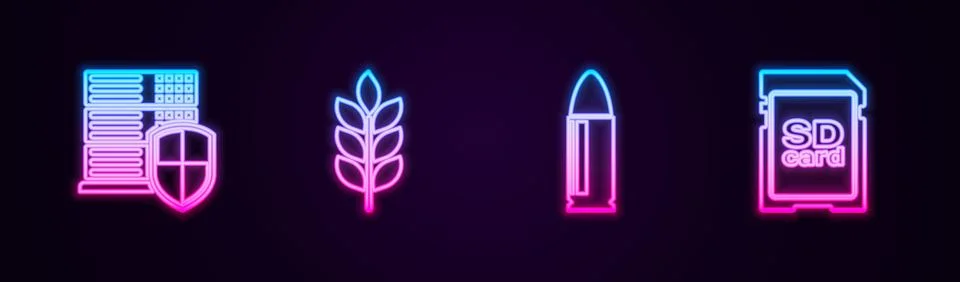 Set line Server with shield, Wheat, Bullet and SD card. Glowing neon icon. Ve Stock-Illustration