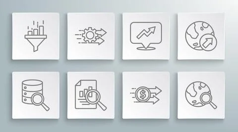 Set line Server, Time management, Document with graph chart, Financial grow.. Stock Illustration