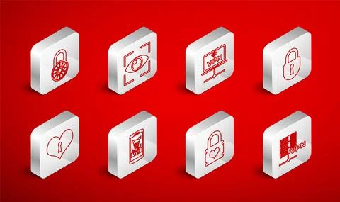 Set line Server VPN, Eye scan, Computer network, Lock, Padlock with heart, Safe Stock Illustration
