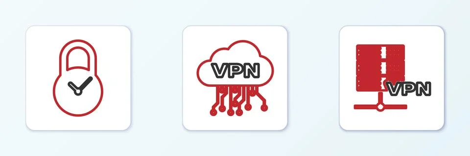 Set line Server VPN, Padlock with clock and Cloud interface icon. Vector イラスト素材
