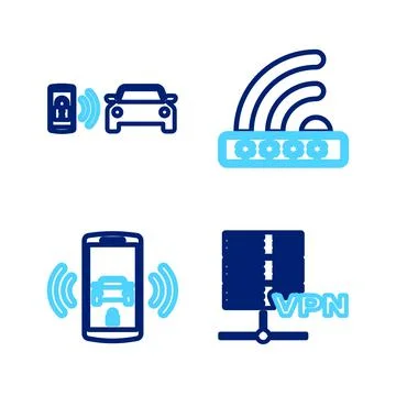 Set line Server VPN, Smart car alarm system, Wifi locked and  icon. Vector Illustrazione stock