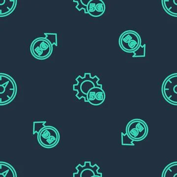 Set line Setting 5G network, and Digital speed meter on seamless pattern. Vector Stock Illustration