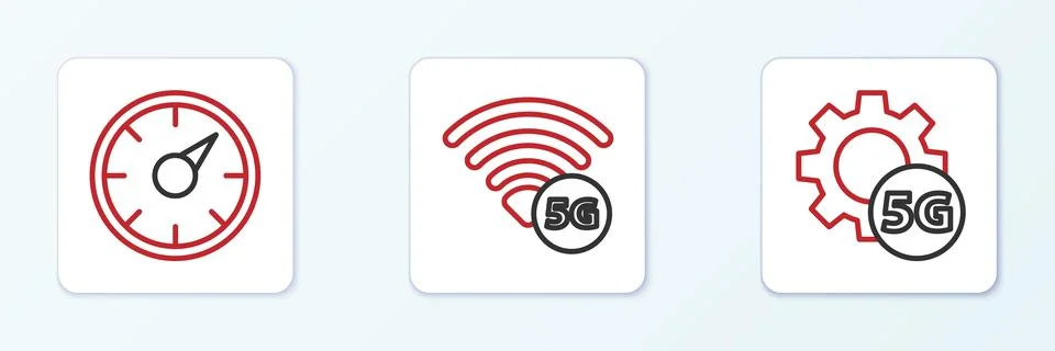 Set line Setting 5G network, Digital speed meter and  icon. Vector Stock Illustration