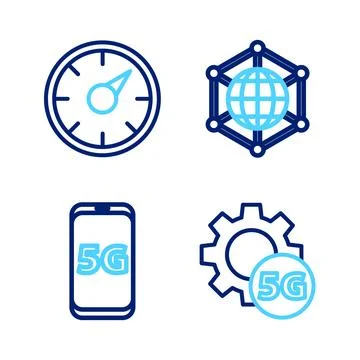 Set line Setting 5G network, Mobile with, Social and Digital speed meter icon Stock Illustration