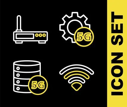 Set line Setting 5G network, Wi-Fi wireless, Server and Router and wi-fi si.. Illustrazione stock