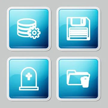 Set line Setting database server, Floppy disk, Tombstone with cross and Delete Stock Illustration