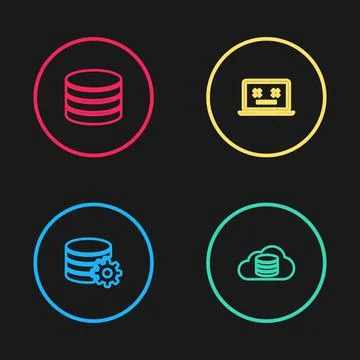 Set line Setting database server, Cloud, Dead laptop and Database icon. Vector 스톡 일러스트