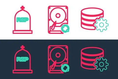 Set line Setting database server, Tombstone with RIP written and Hard disk drive Stock Illustration