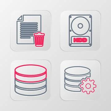 Set line Setting database server, Database, Hard disk drive HDD and Delete file Illustrazione stock