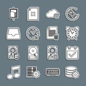 Set line Setting database server, Calendar with check mark, Alarm clock, Cloud Illustrazione stock